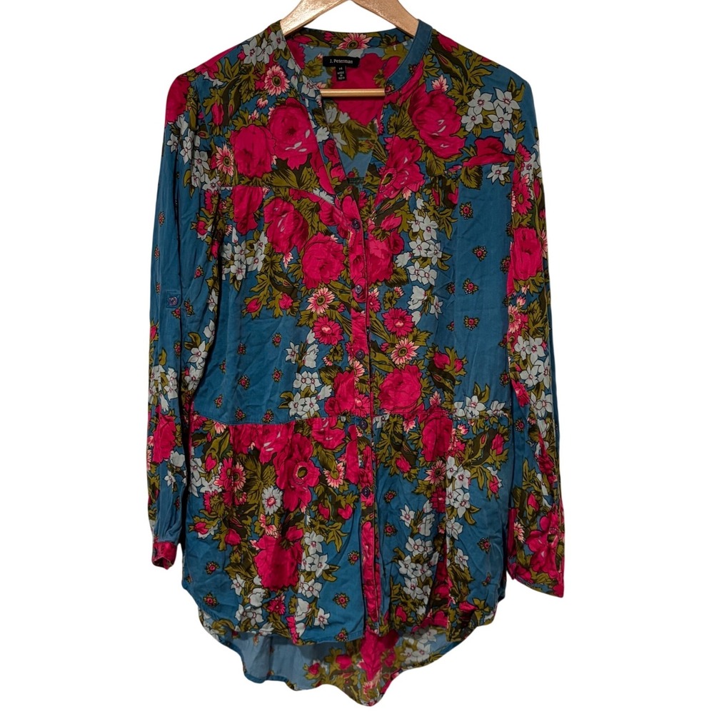 J. Peterman Womens Blue Pink Floral Rayon‎ Tunic Blouse Top Size 14 Boho Tiered